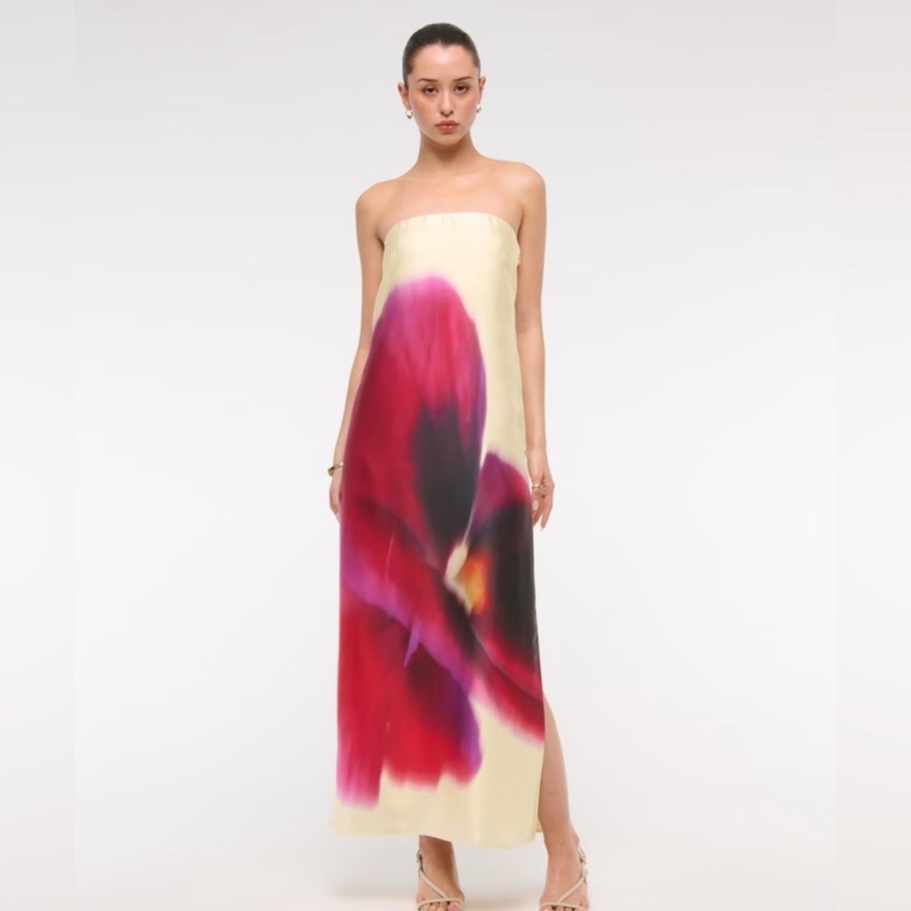 Abercrombie & Fitch Strapless Maxi Dress in Cream with Pink and Red Floral
